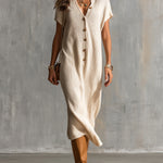 ElevenOra Chic Elegant Beige Henley Neck Dropped Shoulder Short-Sleeve Loose-Fit Soft Knit Midi Dress