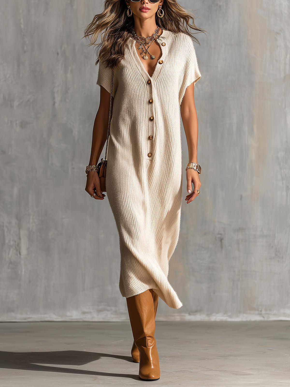 ElevenOra Chic Elegant Beige Henley Neck Dropped Shoulder Short-Sleeve Loose-Fit Soft Knit Midi Dress