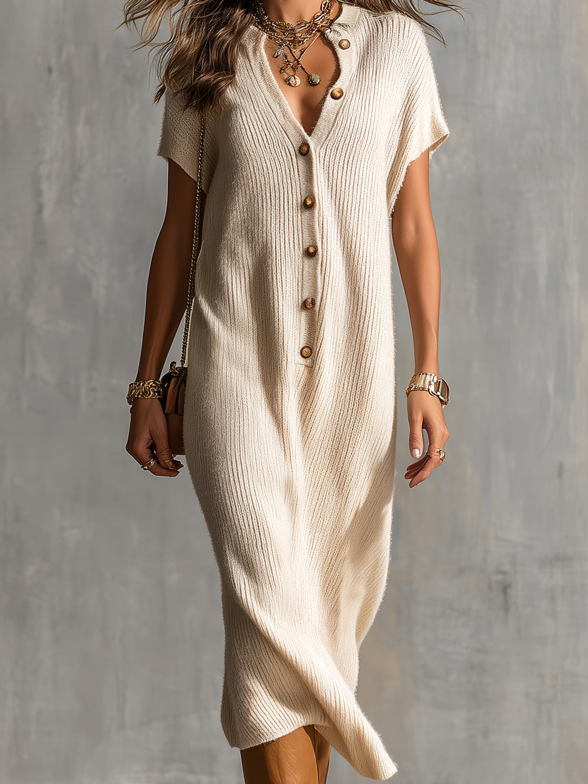 ElevenOra Chic Elegant Beige Henley Neck Dropped Shoulder Short-Sleeve Loose-Fit Soft Knit Midi Dress