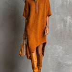 ElevenOra Chic Casual Caramel Brown Half-Zipper Neck Short-Sleeve Asymmetrical Hem Loose-Fit Soft Knit Midi Dress