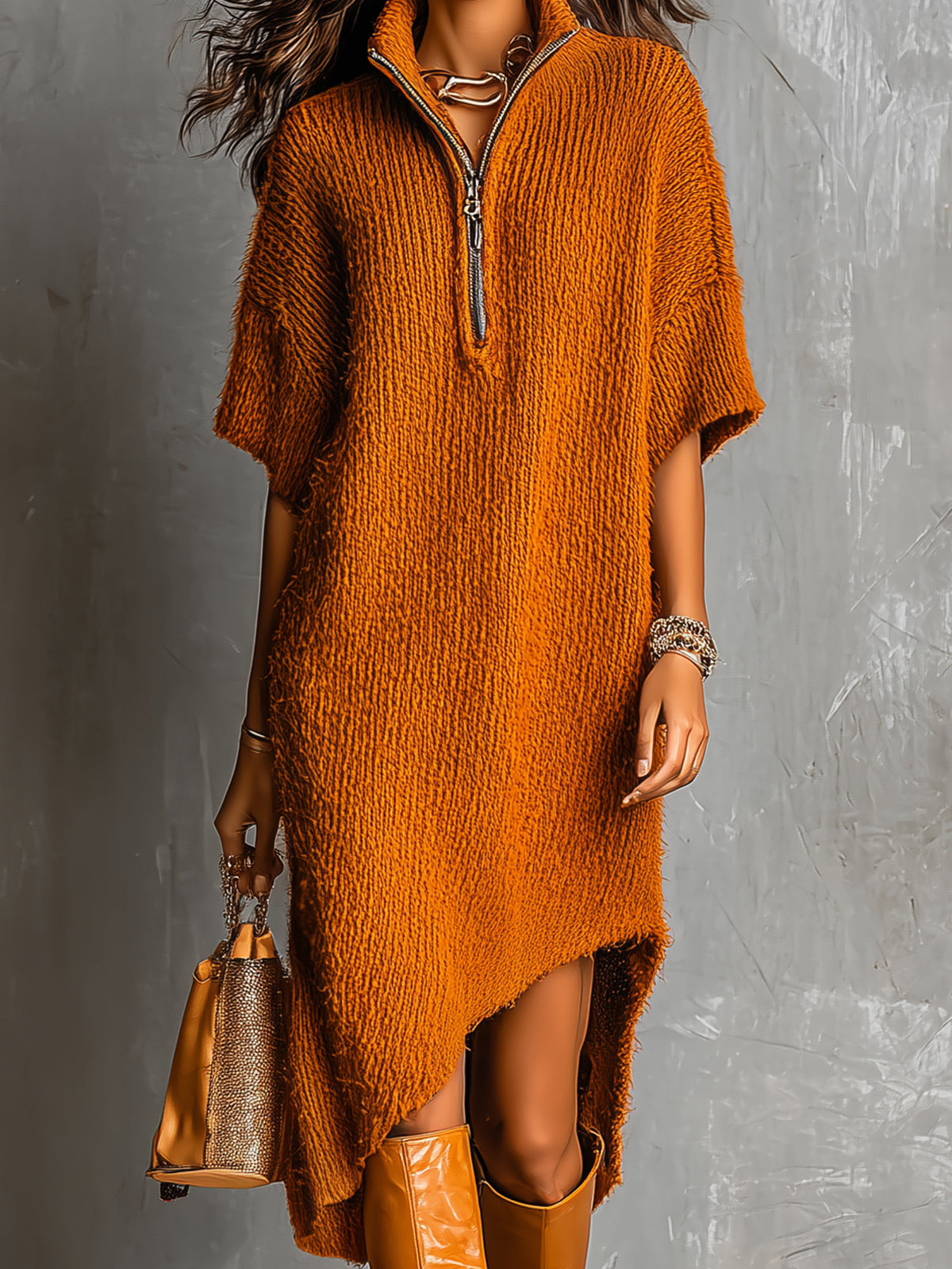 ElevenOra Chic Casual Caramel Brown Half-Zipper Neck Short-Sleeve Asymmetrical Hem Loose-Fit Soft Knit Midi Dress