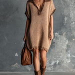 ElevenOra Chic Casual Camel Lapel-Collar V-Neck Contrast Trim Short-Sleeve Frayed Hem Loose-Fit Knit Mini Dress