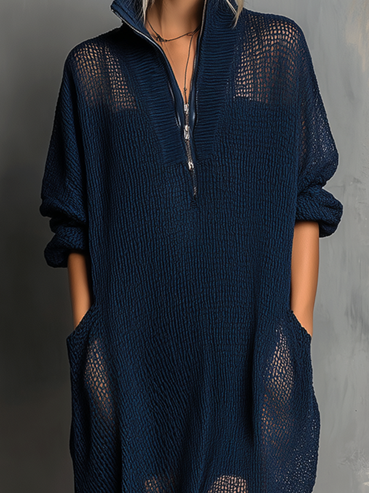 ElevenOra Chic Casual Navy Blue Stand Collar Zipper-Front Long-Sleeve Loose-Fit Mesh Knit Maxi Dress