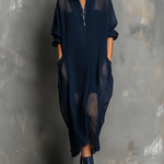 ElevenOra Chic Casual Navy Blue Stand Collar Zipper-Front Long-Sleeve Loose-Fit Mesh Knit Maxi Dress