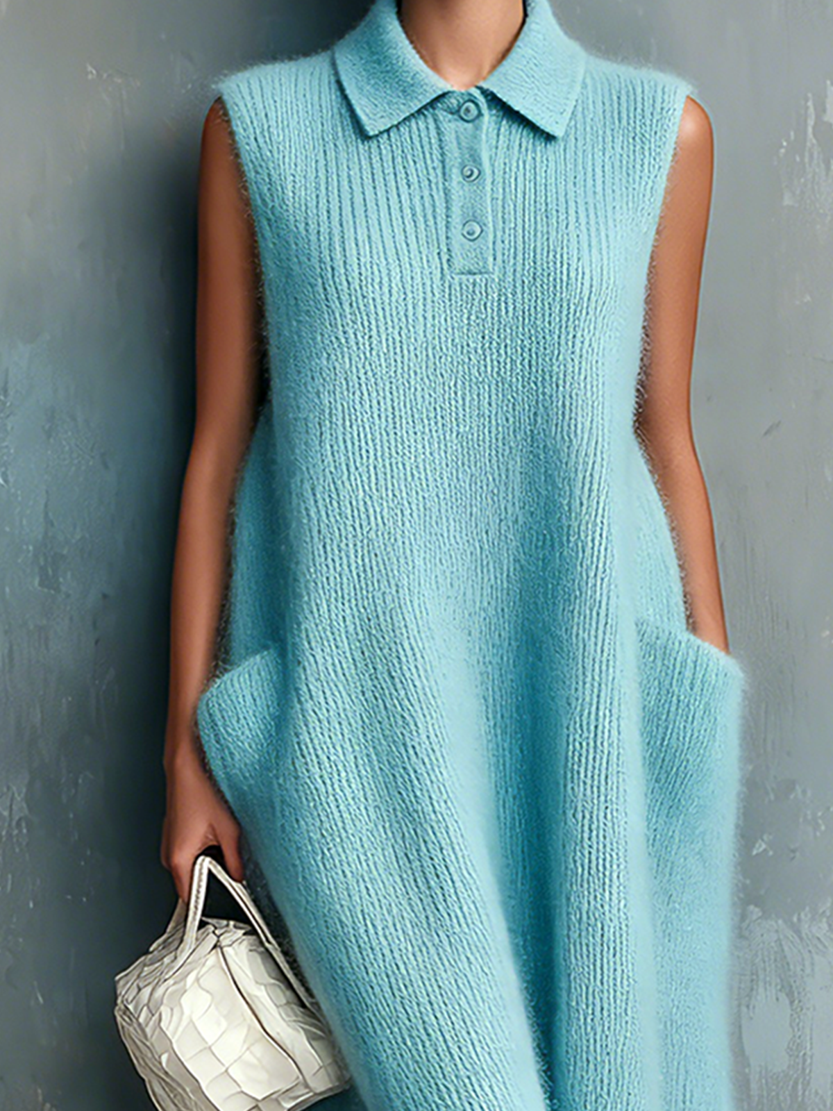 ElevenOra Chic Elegant Sky Blue Button-Up Lapel-Collar Sleeveless Patch Pockets Loose-Fit Knit Midi Dress