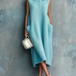 ElevenOra Chic Elegant Sky Blue Button-Up Lapel-Collar Sleeveless Patch Pockets Loose-Fit Knit Midi Dress