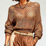 ElevenOra Chic Brown Round-Neck Long-Sleeve Loose-Fit Mesh Knit Sweater Top