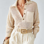 ElevenOra Chic White Polo-Neck Long-Sleeve Loose-Fit Pocket Detail Loose-Fit  Mesh Knit Sweater Top