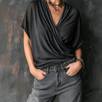 ElevenOra Chic Casual Charcoal Black Draped Wrap V-Neck Dolman Short Sleeve Loose-Fit Mesh Knit Sweater Top