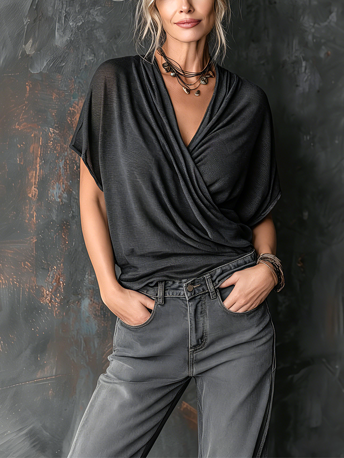 ElevenOra Chic Casual Charcoal Black Draped Wrap V-Neck Dolman Short Sleeve Loose-Fit Mesh Knit Sweater Top