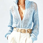 ElevenOra Chic Blue Stand- Collar Long-Sleeve Zipper Loose-Fit Mesh Knit  Cardigan Top