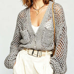 ElevenOra Chic Grey V-Neck Long Sleeved Puff Sleeves Loose-Fit Mesh Knit Cardigan Top