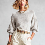 ElevenOra Chic Grey Round-Neck Three-Quarter Puff Sleeves Loose-Fit Knit Sweater Top