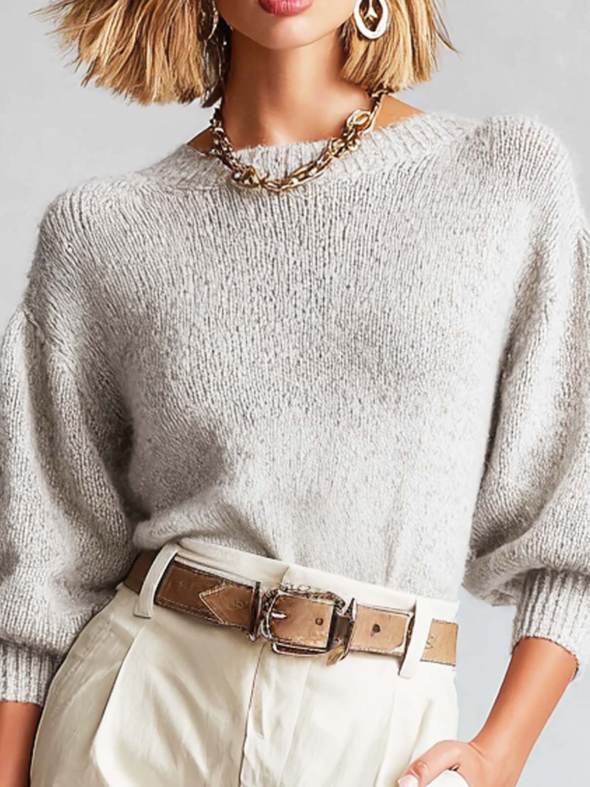 ElevenOra Chic Grey Round-Neck Three-Quarter Puff Sleeves Loose-Fit Knit Sweater Top
