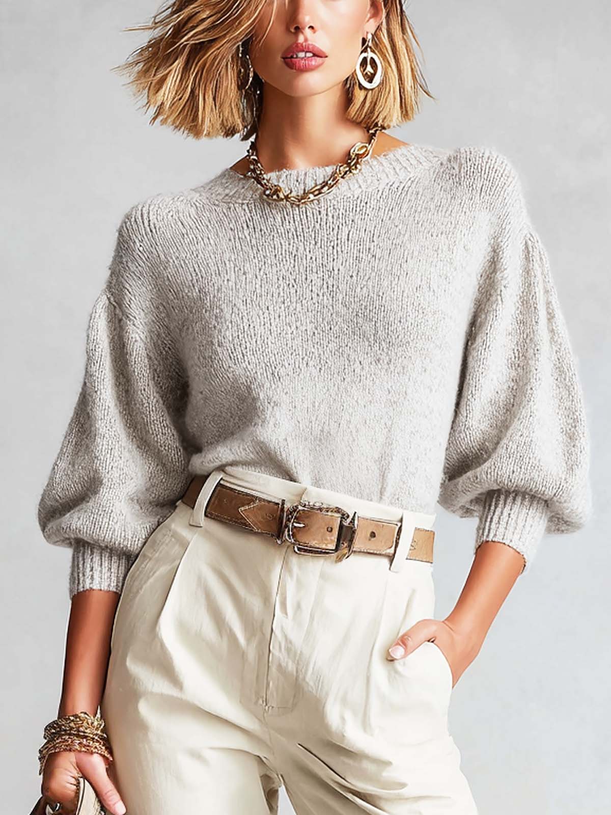 ElevenOra Chic Grey Round-Neck Three-Quarter Puff Sleeves Loose-Fit Knit Sweater Top