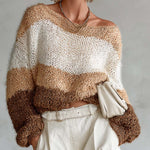 ElevenOra Chic Casual Multi-Color Boat-Neck Long Sleeve Puff Sleeves Loose-Fit Sweater Top
