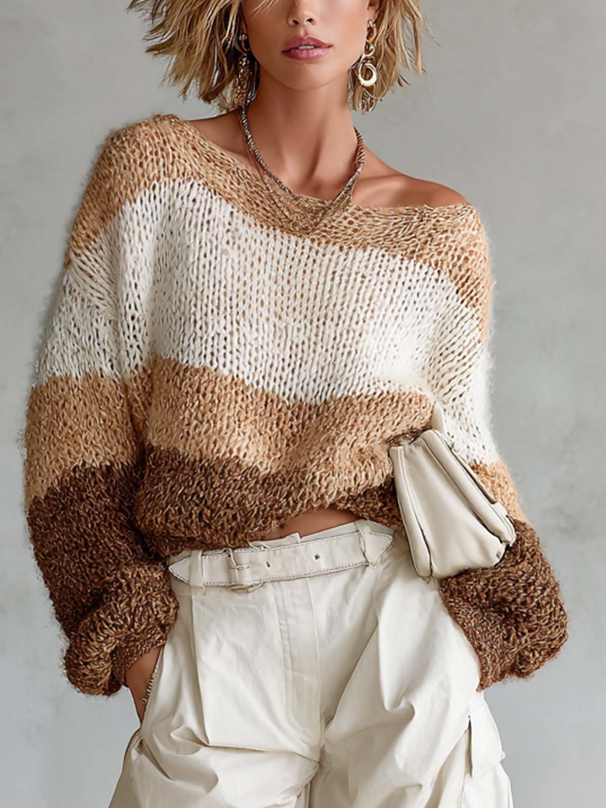 ElevenOra Chic Casual Multi-Color Boat-Neck Long Sleeve Puff Sleeves Loose-Fit Sweater Top