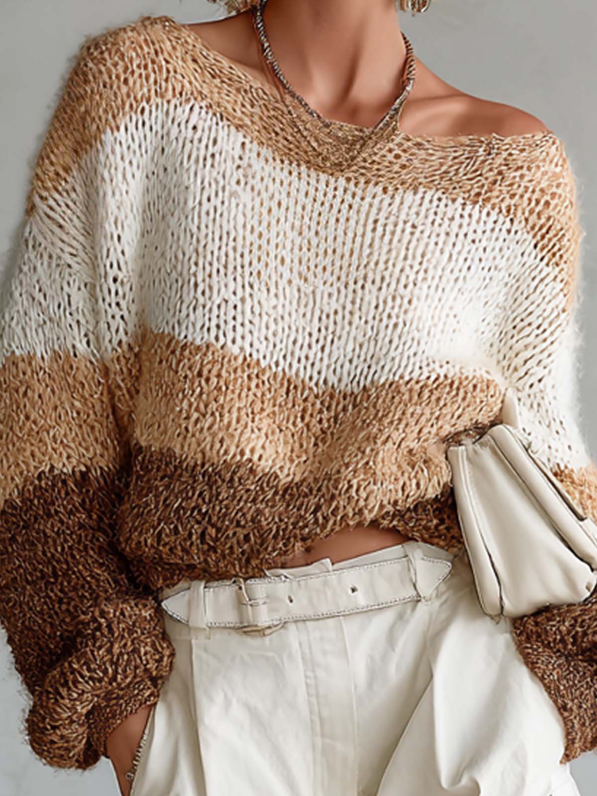 ElevenOra Chic Casual Multi-Color Boat-Neck Long Sleeve Puff Sleeves Loose-Fit Sweater Top