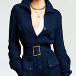 ElevenOra Chic Casual Navy Blue Stand-Collar Long Sleeve Single-Breasted Belted Multi-Pocket Detail Slim-Fit Knit Romper
