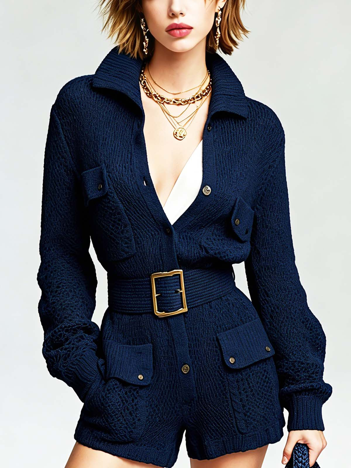 ElevenOra Chic Casual Navy Blue Stand-Collar Long Sleeve Single-Breasted Belted Multi-Pocket Detail Slim-Fit Knit Romper