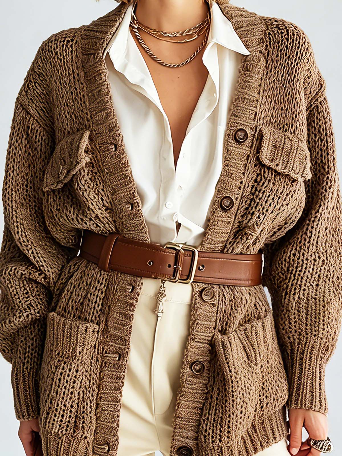 ElevenOra Chic Casual Brown V-Neck Long Sleeve Mulit Pocket Single-Breasted Belted Loose-Fit Sweater Cardigan