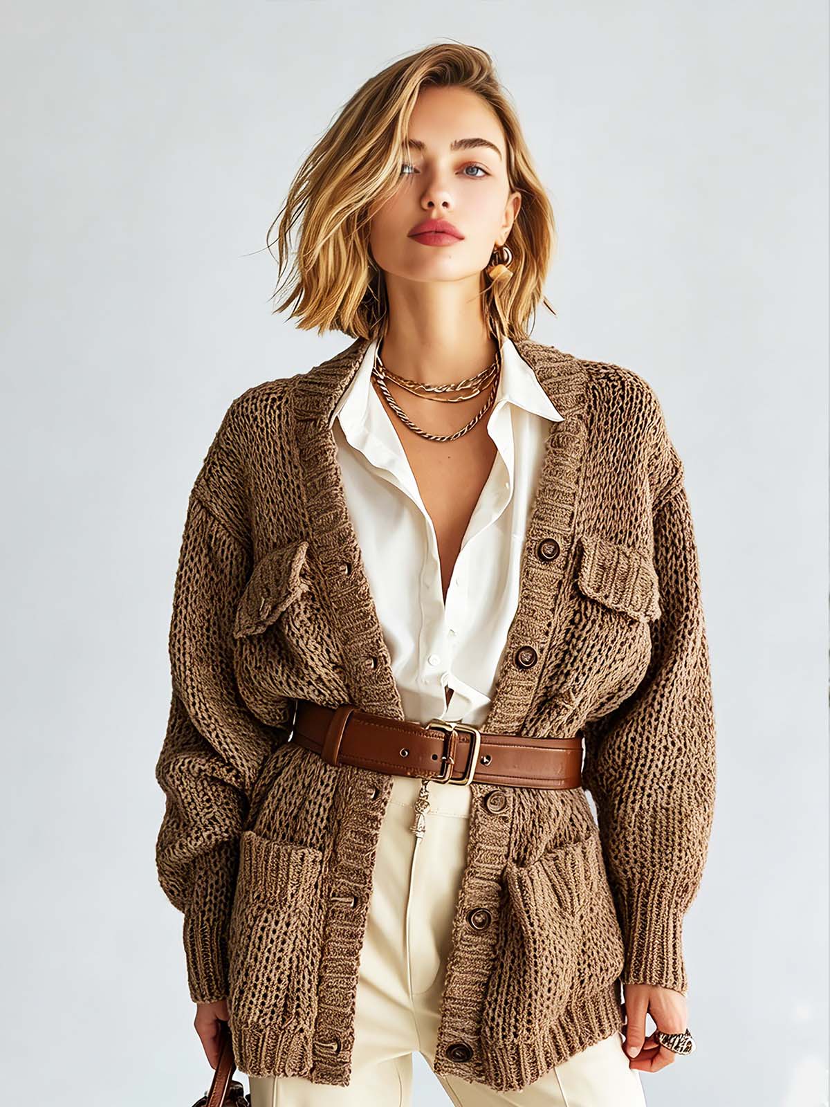 ElevenOra Chic Casual Brown V-Neck Long Sleeve Mulit Pocket Single-Breasted Belted Loose-Fit Sweater Cardigan