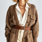 ElevenOra Chic Casual Brown V-Neck Long Sleeve Mulit Pocket Single-Breasted Belted Loose-Fit Sweater Cardigan