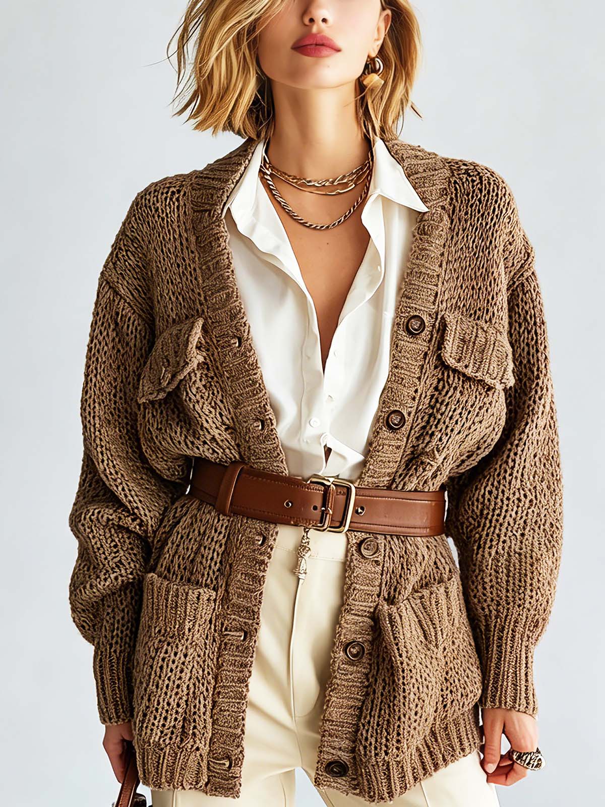 ElevenOra Chic Casual Brown V-Neck Long Sleeve Mulit Pocket Single-Breasted Belted Loose-Fit Sweater Cardigan