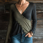 ElevenOra Chic Casual Army Green-Black Colorblock V-Neck Long-Sleeve Cross-Front Button Detail Slim-Fit Soft Knit Sweater Top