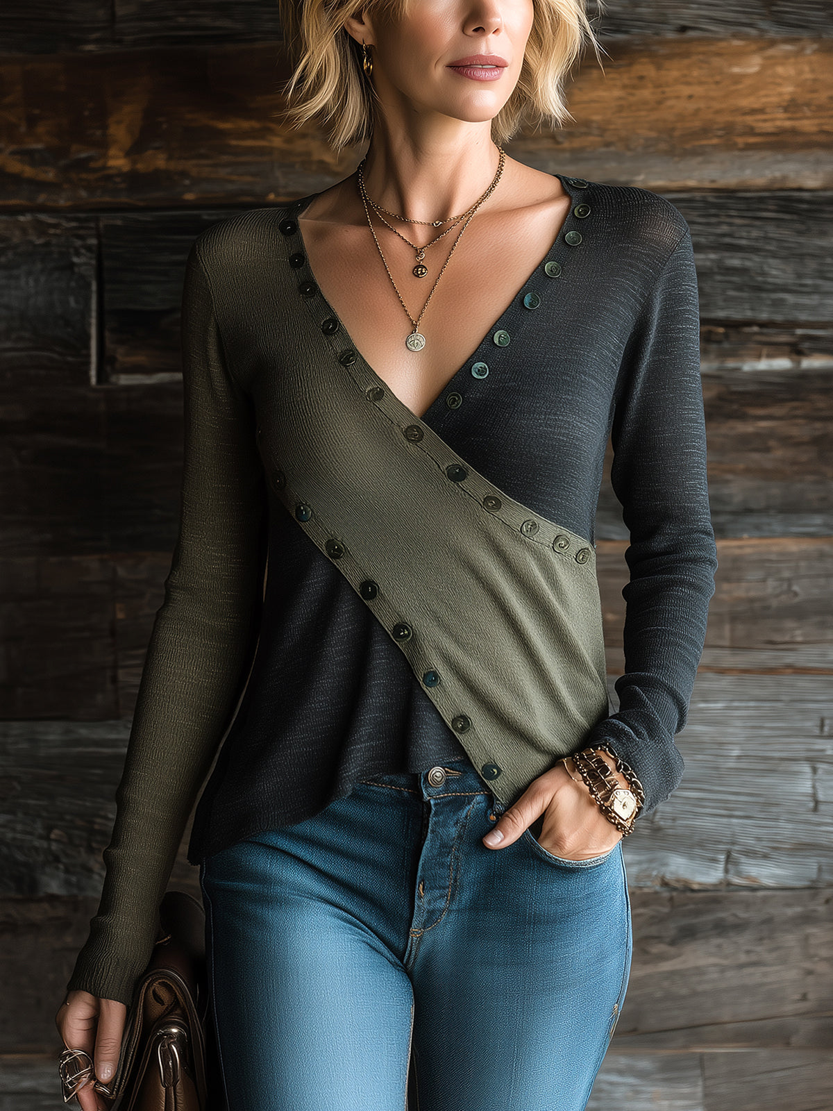 ElevenOra Chic Casual Army Green-Black Colorblock V-Neck Long-Sleeve Cross-Front Button Detail Slim-Fit Soft Knit Sweater Top