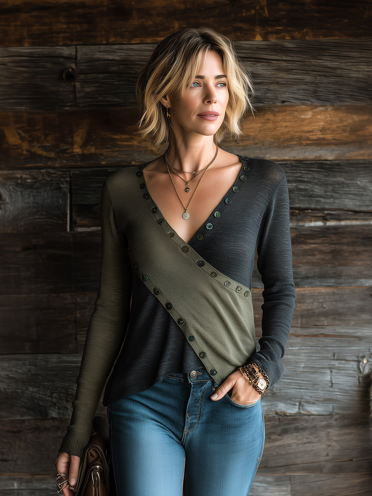 ElevenOra Chic Casual Army Green-Black Colorblock V-Neck Long-Sleeve Cross-Front Button Detail Slim-Fit Soft Knit Sweater Top
