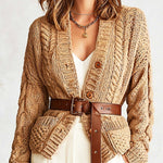ElevenOra Chic Casual Camel V-Neck Long Sleeve Single-Breasted Belted Patch Pockets Loose-Fit Sweater Cardigan