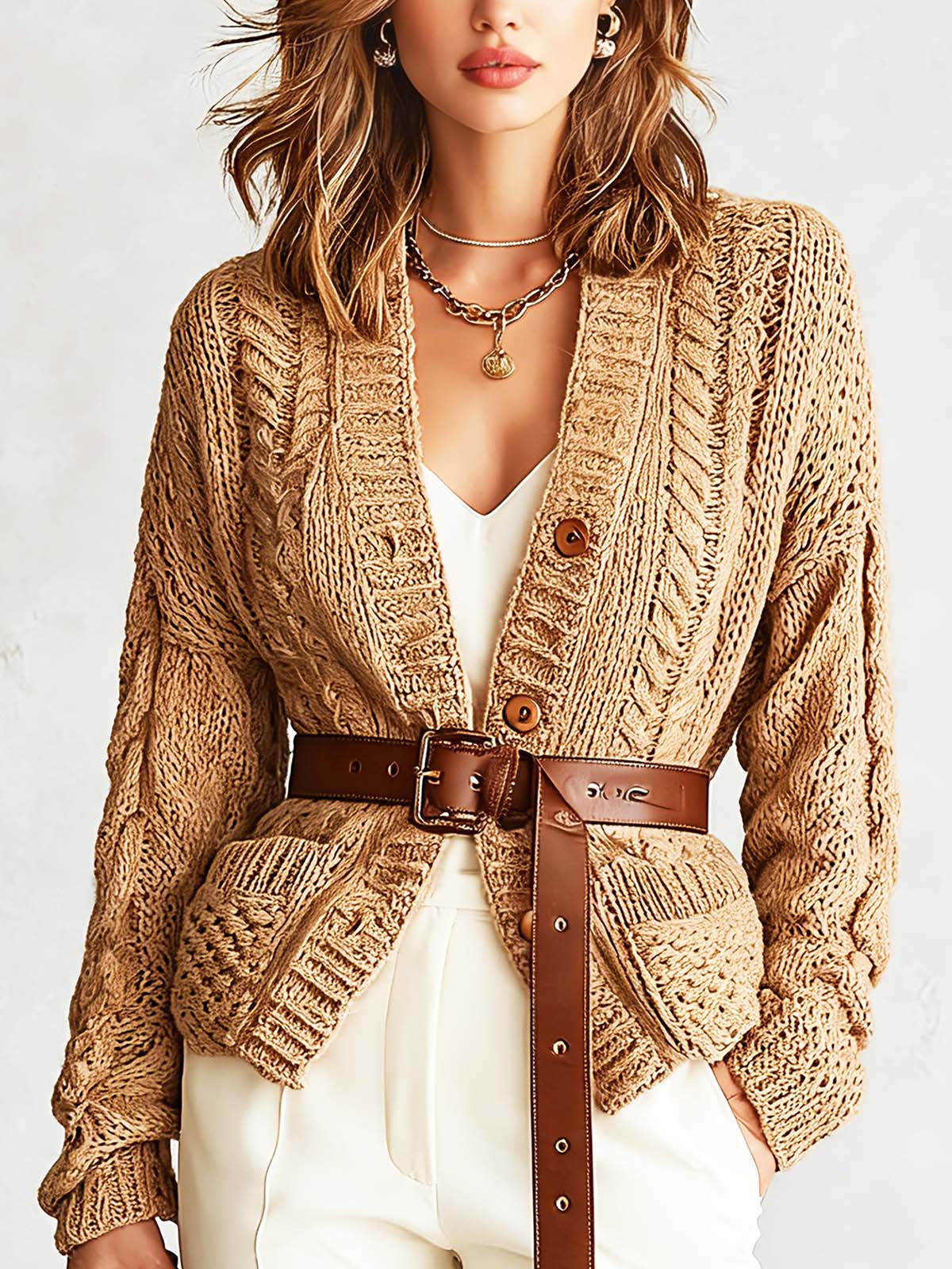 ElevenOra Chic Casual Camel V-Neck Long Sleeve Single-Breasted Belted Patch Pockets Loose-Fit Sweater Cardigan