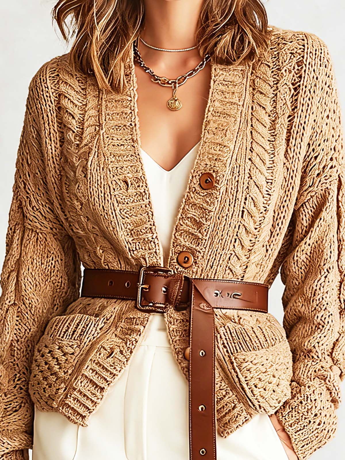 ElevenOra Chic Casual Camel V-Neck Long Sleeve Single-Breasted Belted Patch Pockets Loose-Fit Sweater Cardigan