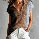 ElevenOra Chic Casual Brown-Black-Blue Colorblock Lapel V-Neck Cap-Sleeve Slim-Fit Soft Mohair Blend Knit Vest Top