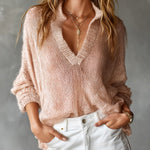 ElevenOra Chic Casual Pink V-Neck Dropped Shoulder Long-Sleeve Loose-Fit Soft Mohair Blend Knit Sweater