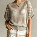 ElevenOra Chic Casual Gray Hollow-Out Stripes Boat-Neck Dropped Shoulder Short-Sleeve Loose-Fit Knit Sweater