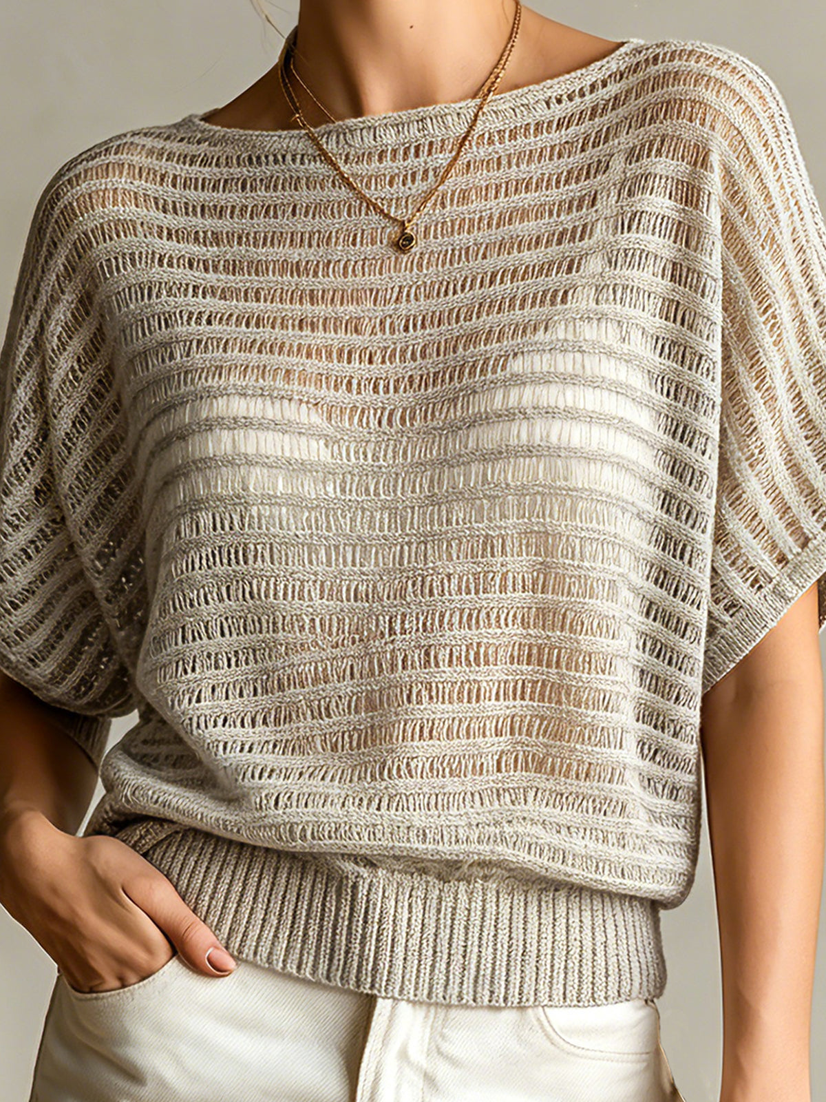 ElevenOra Chic Casual Gray Hollow-Out Stripes Boat-Neck Dropped Shoulder Short-Sleeve Loose-Fit Knit Sweater
