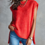 ElevenOra Chic Casual Red Mohair Blend Boat-Neck Sleeveless Side-Slit Detail Loose-Fit Soft Knit Vest Top