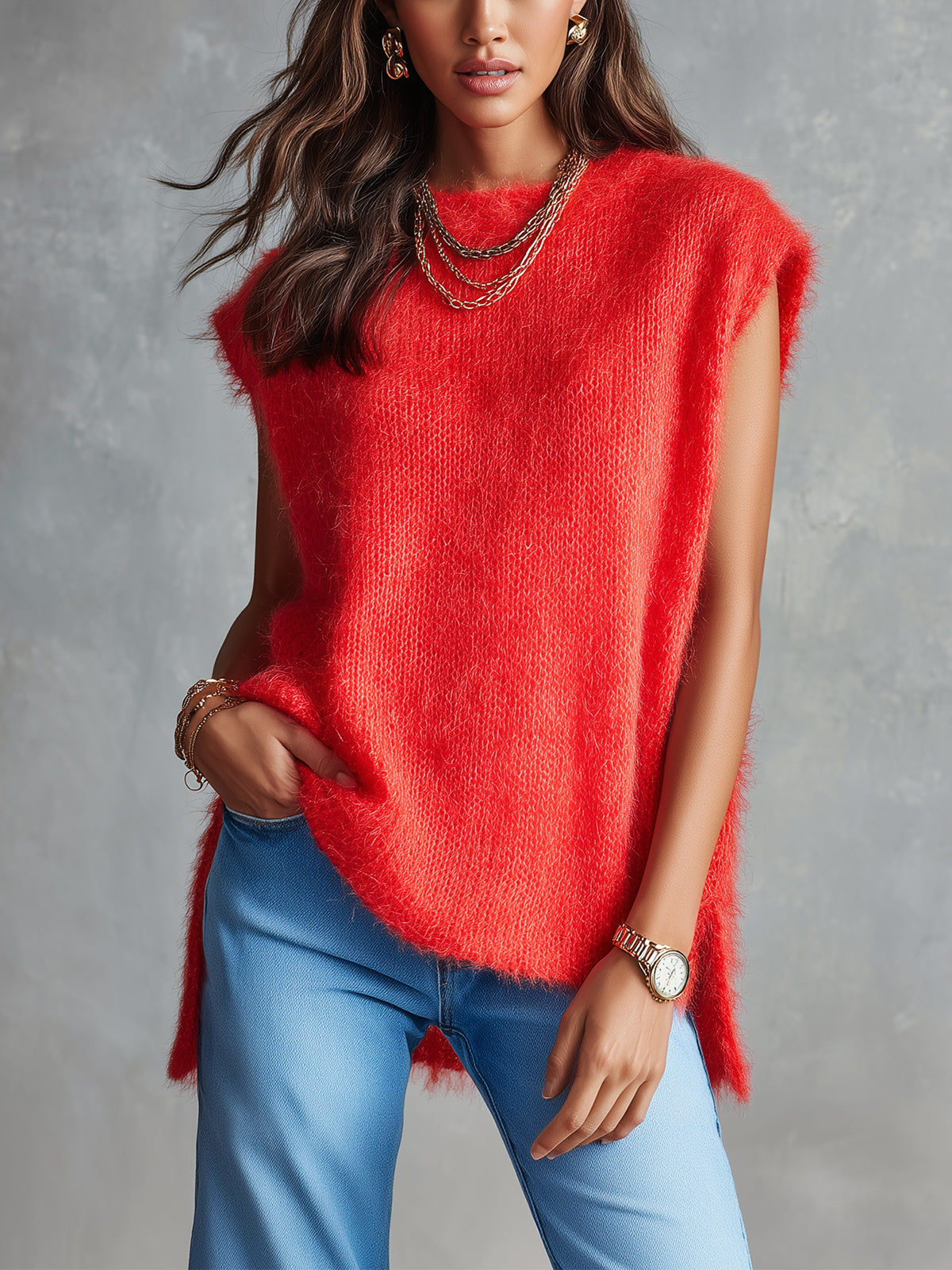 ElevenOra Chic Casual Red Mohair Blend Boat-Neck Sleeveless Side-Slit Detail Loose-Fit Soft Knit Vest Top