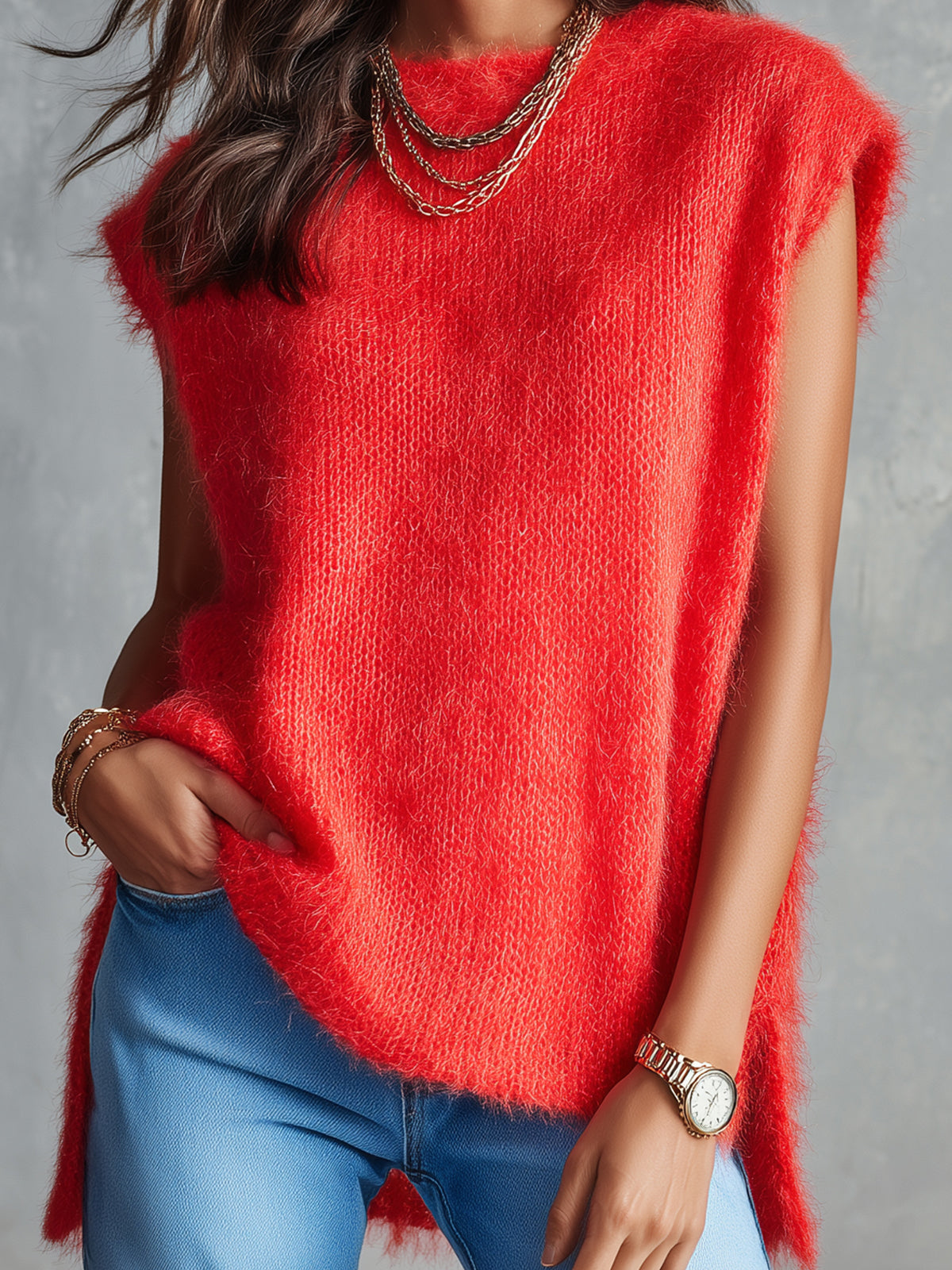 ElevenOra Chic Casual Red Mohair Blend Boat-Neck Sleeveless Side-Slit Detail Loose-Fit Soft Knit Vest Top