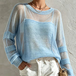 ElevenOra Chic Casual Blue Round-Neck Dropped Shoulder Long-Sleeve Hollow-Out Patchwork Loose-Fit Soft Sweater