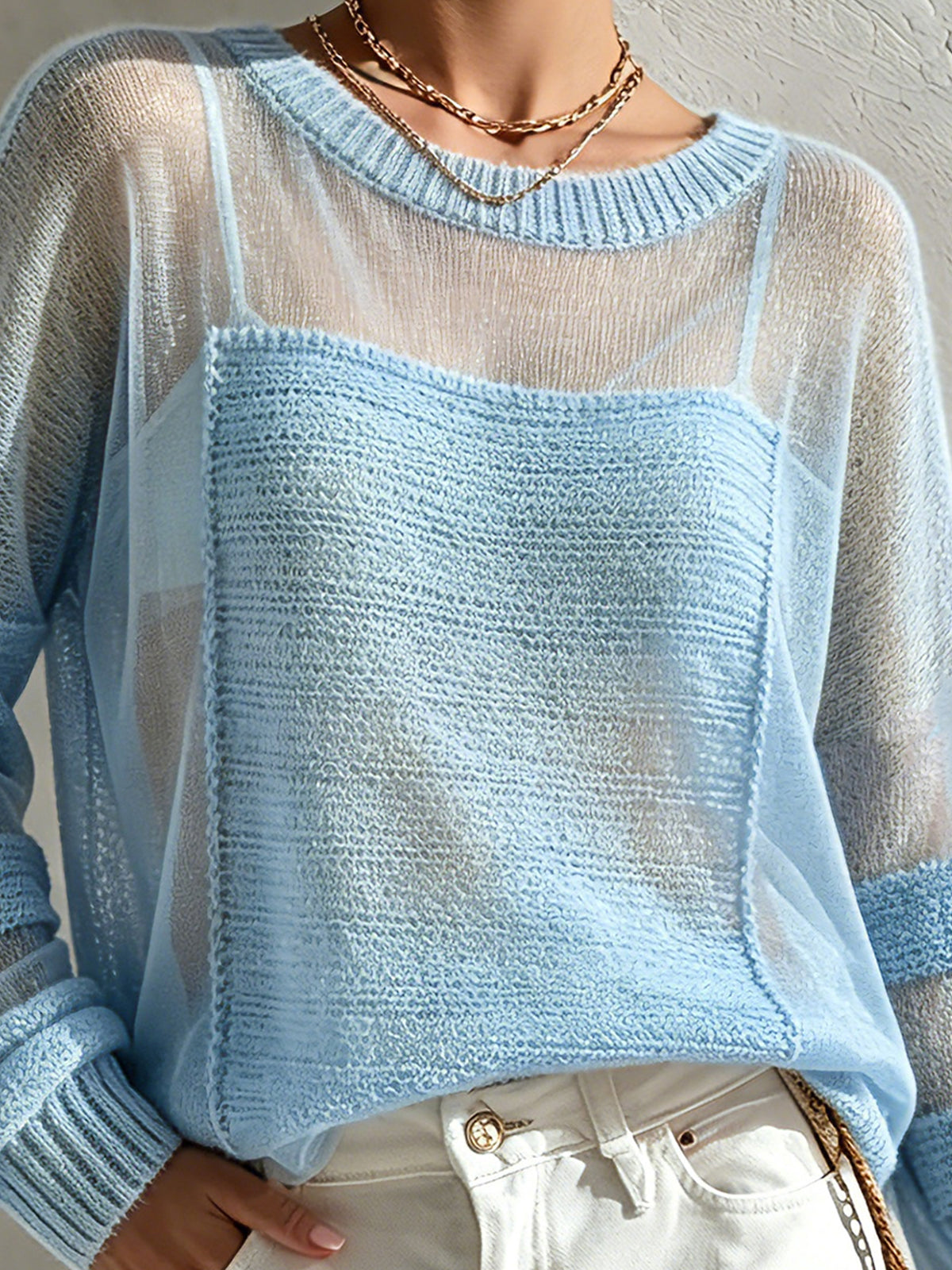 ElevenOra Chic Casual Blue Round-Neck Dropped Shoulder Long-Sleeve Hollow-Out Patchwork Loose-Fit Soft Sweater