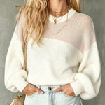 ElevenOra Chic Casual White-Pink Colorblock Round-Neck Dropped Shoulder Long-Lantern-Sleeve Loose-Fit Soft Sweater