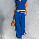 ElevenOra Chic Casual Royal Blue-White Colorblock Lapel V-Neck Sleeveless Vest Elastic-Waist Wide-Leg Cropped Pants Loose-Fit Knit Two-Piece Set