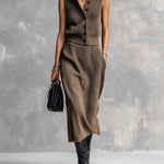 ElevenOra Chic Elegant Brown Lapel Collar Sleeveless Single-Breasted Vest Elastic-Waist Midi Skirt Loose-Fit Ribbed Knit Two-Piece Set