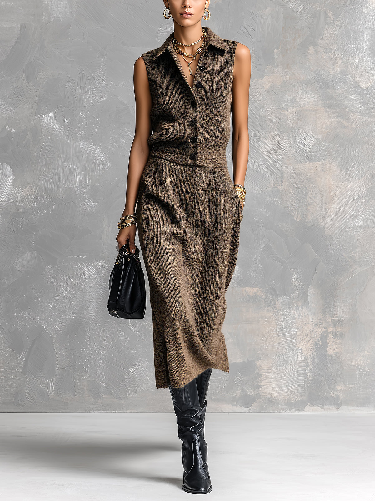ElevenOra Chic Elegant Brown Lapel Collar Sleeveless Single-Breasted Vest Elastic-Waist Midi Skirt Loose-Fit Ribbed Knit Two-Piece Set