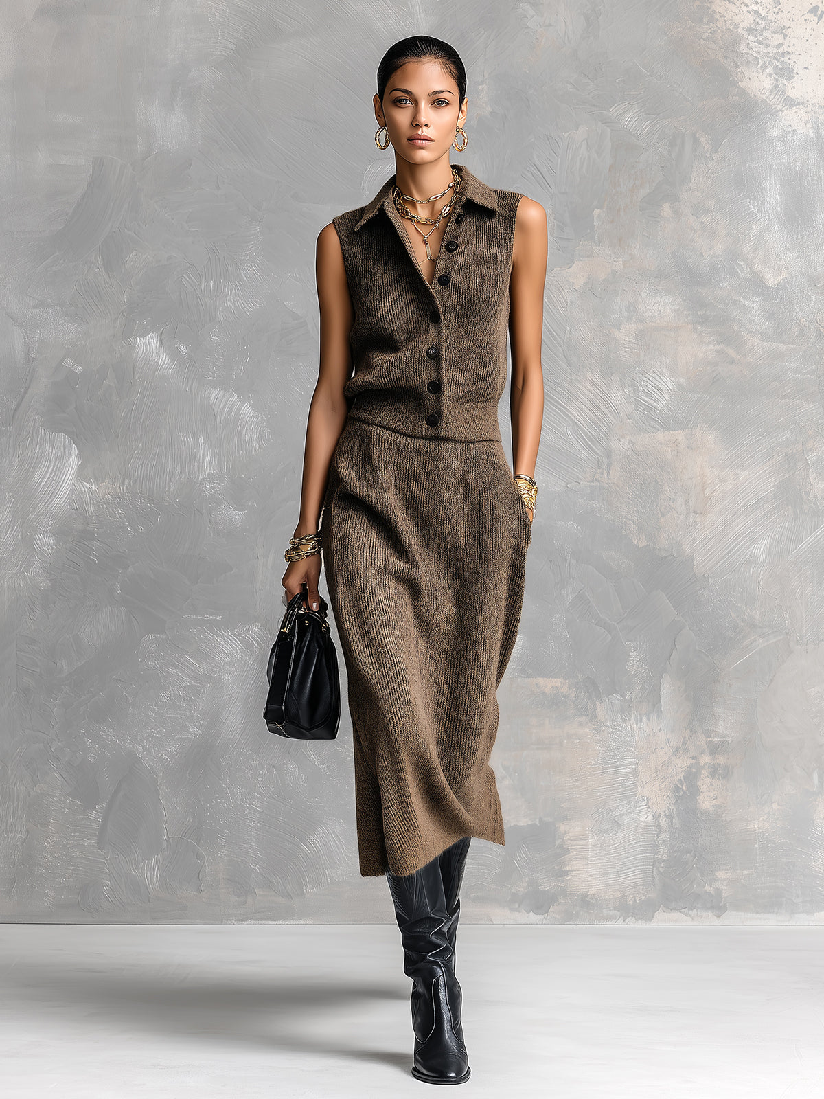 ElevenOra Chic Elegant Brown Lapel Collar Sleeveless Single-Breasted Vest Elastic-Waist Midi Skirt Loose-Fit Ribbed Knit Two-Piece Set
