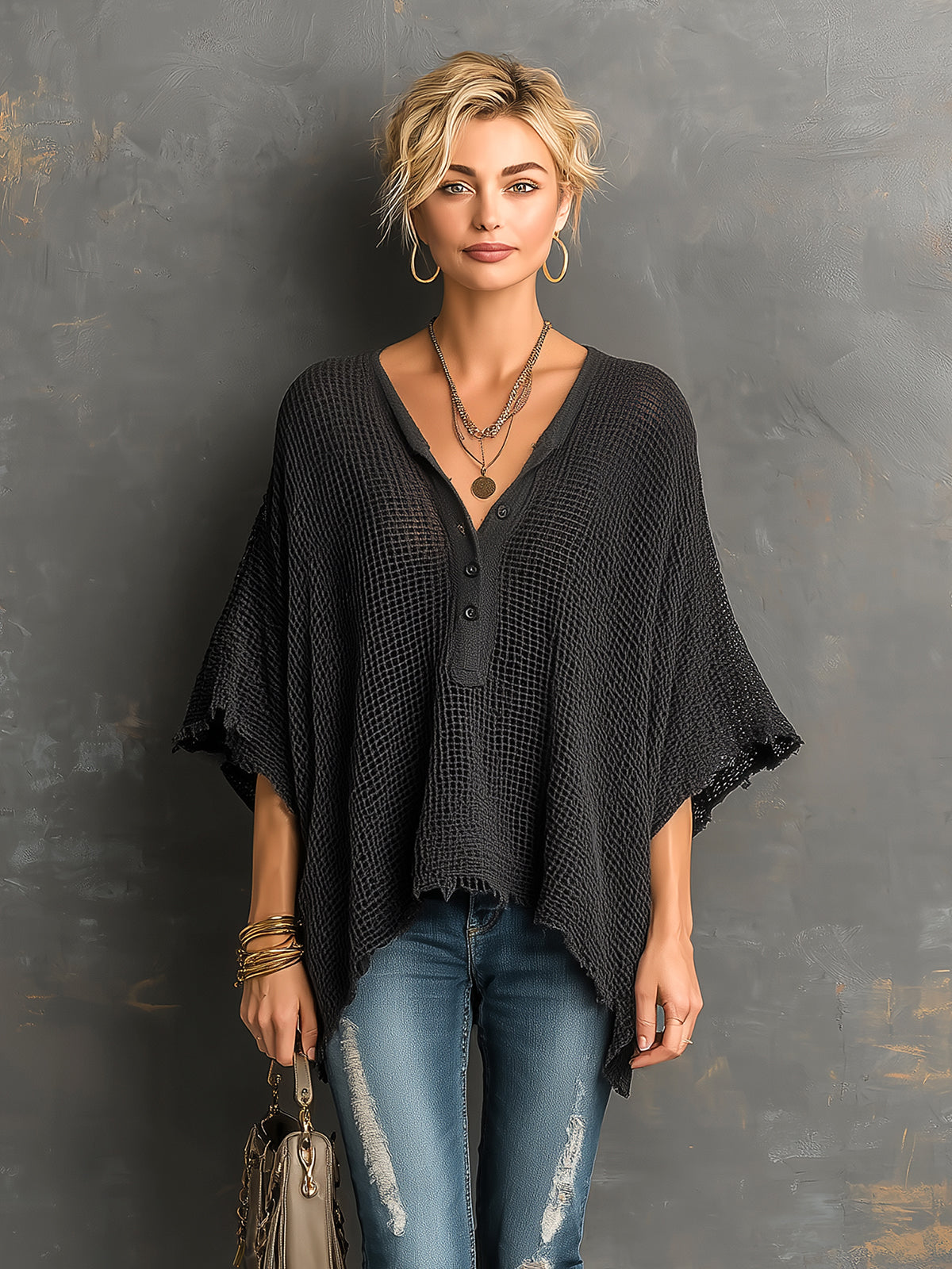 ElevenOra Chic Casual Black Henley Collar Dropped Shoulder Batwing-Sleeve Raw Edge Detail Loose-Fit Sweater