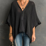 ElevenOra Chic Casual Black Henley Collar Dropped Shoulder Batwing-Sleeve Raw Edge Detail Loose-Fit Sweater